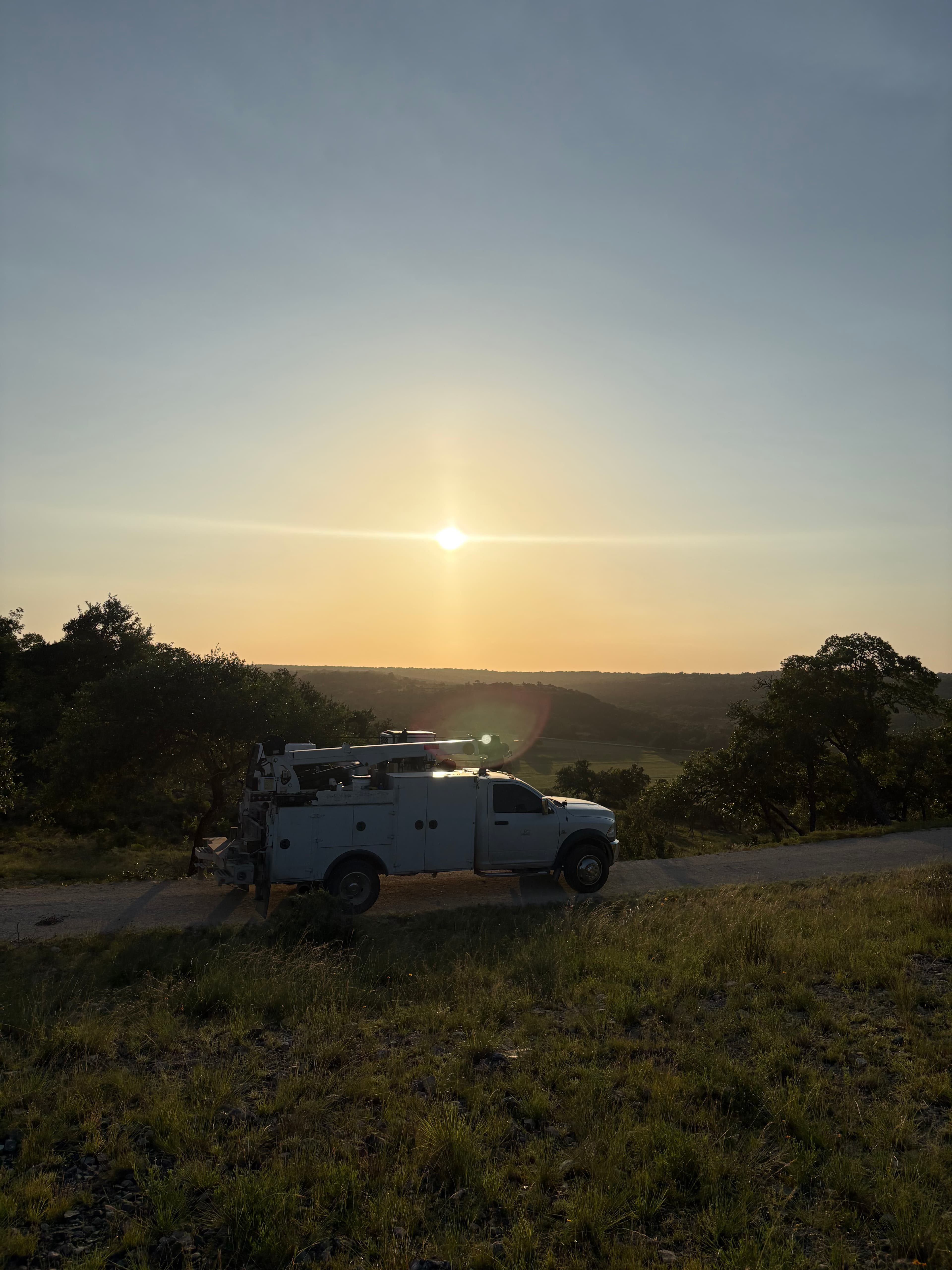 Jon's service truck in the Texas Hill Country at sunset